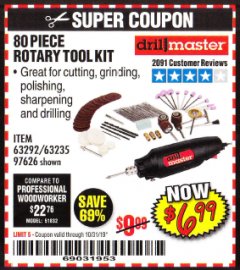 Harbor Freight Coupon 80 PIECE ROTARY TOOL KIT Lot No. 68986/97626/63292/63235 Expired: 10/31/19 - $6.99