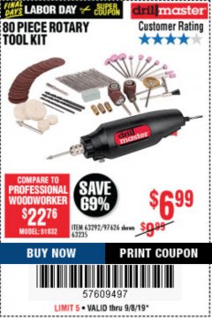 Harbor Freight Coupon 80 PIECE ROTARY TOOL KIT Lot No. 68986/97626/63292/63235 Expired: 9/8/19 - $6.99