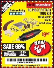 Harbor Freight Coupon 80 PIECE ROTARY TOOL KIT Lot No. 68986/97626/63292/63235 Expired: 11/9/19 - $6.99