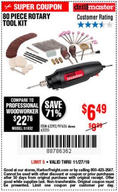 Harbor Freight Coupon 80 PIECE ROTARY TOOL KIT Lot No. 68986/97626/63292/63235 Expired: 11/27/19 - $6.49