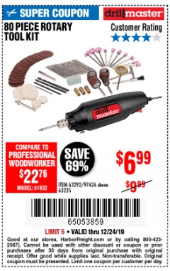 Harbor Freight Coupon 80 PIECE ROTARY TOOL KIT Lot No. 68986/97626/63292/63235 Expired: 12/24/19 - $6.99