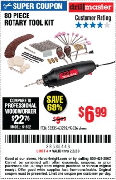 Harbor Freight Coupon 80 PIECE ROTARY TOOL KIT Lot No. 68986/97626/63292/63235 Expired: 2/2/20 - $6.99