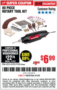 Harbor Freight Coupon 80 PIECE ROTARY TOOL KIT Lot No. 68986/97626/63292/63235 Expired: 3/1/20 - $6.99