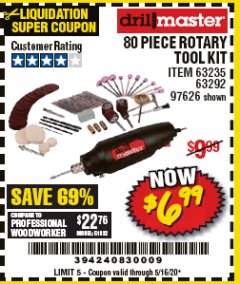 Harbor Freight Coupon 80 PIECE ROTARY TOOL KIT Lot No. 68986/97626/63292/63235 Expired: 6/30/20 - $6.99