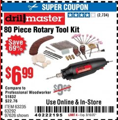 Harbor Freight Coupon 80 PIECE ROTARY TOOL KIT Lot No. 68986/97626/63292/63235 Expired: 8/16/20 - $6.99