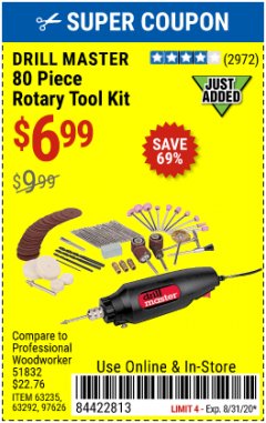 Harbor Freight Coupon 80 PIECE ROTARY TOOL KIT Lot No. 68986/97626/63292/63235 Expired: 8/31/20 - $6.99