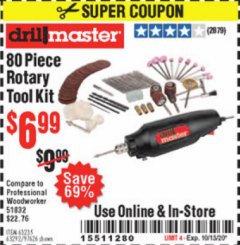 Harbor Freight Coupon 80 PIECE ROTARY TOOL KIT Lot No. 68986/97626/63292/63235 Expired: 10/13/20 - $6.99