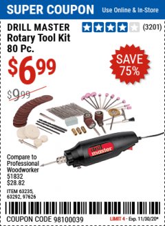 Harbor Freight Coupon 80 PIECE ROTARY TOOL KIT Lot No. 68986/97626/63292/63235 Expired: 11/30/20 - $6.99