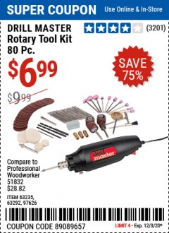 Harbor Freight Coupon 80 PIECE ROTARY TOOL KIT Lot No. 68986/97626/63292/63235 Expired: 12/3/20 - $6.99