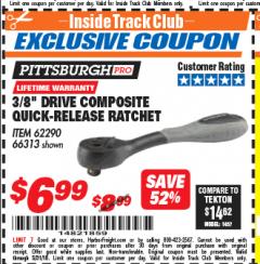 Harbor Freight ITC Coupon 3/8" DRIVE COMPOSITE QUICK-RELEASE RATCHET Lot No. 62290/66313 Expired: 5/31/18 - $6.99