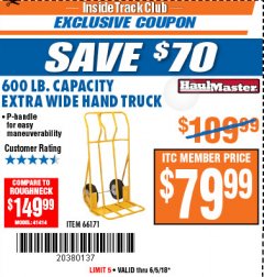 Harbor Freight ITC Coupon 600 LB. CAPACITY EXTRA WIDE HAND TRUCK Lot No. 66171 Expired: 6/5/18 - $79.99