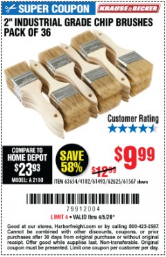 Harbor Freight Coupon 2" INDUSTRIAL GRADE CHIP BRUSHES, PACK OF 36 Lot No. 62625/61493/61567 Expired: 6/30/20 - $9.99