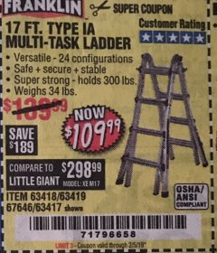 Harbor Freight Coupon FRANKLIN 17 FT. REACH, TYPE IA, 300 LB. MULTITASK LADDER Lot No. 63418 Expired: 2/5/19 - $109.99