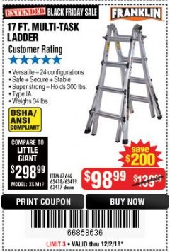 Harbor Freight Coupon FRANKLIN 17 FT. REACH, TYPE IA, 300 LB. MULTITASK LADDER Lot No. 63418 Expired: 12/2/18 - $98.99
