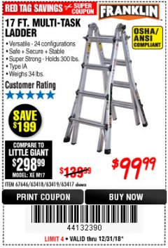 Harbor Freight Coupon FRANKLIN 17 FT. REACH, TYPE IA, 300 LB. MULTITASK LADDER Lot No. 63418 Expired: 12/31/18 - $99.99
