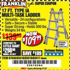 Harbor Freight Coupon FRANKLIN 17 FT. REACH, TYPE IA, 300 LB. MULTITASK LADDER Lot No. 63418 Expired: 4/1/19 - $109.99