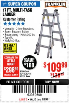 Harbor Freight Coupon FRANKLIN 17 FT. REACH, TYPE IA, 300 LB. MULTITASK LADDER Lot No. 63418 Expired: 2/3/19 - $109.99