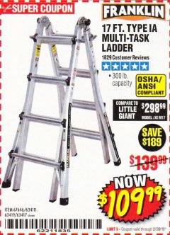 Harbor Freight Coupon FRANKLIN 17 FT. REACH, TYPE IA, 300 LB. MULTITASK LADDER Lot No. 63418 Expired: 2/28/19 - $109.99