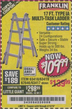 Harbor Freight Coupon FRANKLIN 17 FT. REACH, TYPE IA, 300 LB. MULTITASK LADDER Lot No. 63418 Expired: 4/13/19 - $109.99