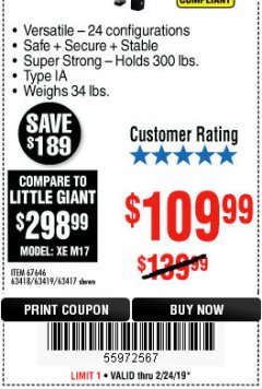 Harbor Freight Coupon FRANKLIN 17 FT. REACH, TYPE IA, 300 LB. MULTITASK LADDER Lot No. 63418 Expired: 2/24/19 - $109.99