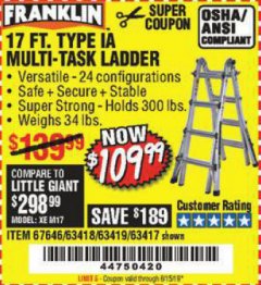 Harbor Freight Coupon FRANKLIN 17 FT. REACH, TYPE IA, 300 LB. MULTITASK LADDER Lot No. 63418 Expired: 5/15/19 - $109.99