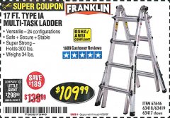 Harbor Freight Coupon FRANKLIN 17 FT. REACH, TYPE IA, 300 LB. MULTITASK LADDER Lot No. 63418 Expired: 4/30/19 - $109.99