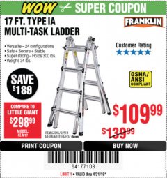 Harbor Freight Coupon FRANKLIN 17 FT. REACH, TYPE IA, 300 LB. MULTITASK LADDER Lot No. 63418 Expired: 4/21/19 - $109.99