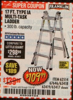 Harbor Freight Coupon FRANKLIN 17 FT. REACH, TYPE IA, 300 LB. MULTITASK LADDER Lot No. 63418 Expired: 7/31/19 - $109.99