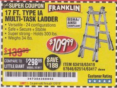 Harbor Freight Coupon FRANKLIN 17 FT. REACH, TYPE IA, 300 LB. MULTITASK LADDER Lot No. 63418 Expired: 10/9/19 - $109.99
