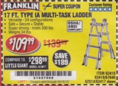 Harbor Freight Coupon FRANKLIN 17 FT. REACH, TYPE IA, 300 LB. MULTITASK LADDER Lot No. 63418 Expired: 10/16/19 - $109.99