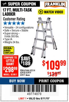 Harbor Freight Coupon FRANKLIN 17 FT. REACH, TYPE IA, 300 LB. MULTITASK LADDER Lot No. 63418 Expired: 8/11/19 - $109.99