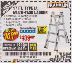 Harbor Freight Coupon FRANKLIN 17 FT. REACH, TYPE IA, 300 LB. MULTITASK LADDER Lot No. 63418 Expired: 11/28/19 - $109.99