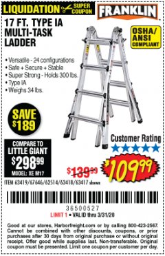 Harbor Freight Coupon FRANKLIN 17 FT. REACH, TYPE IA, 300 LB. MULTITASK LADDER Lot No. 63418 Expired: 3/31/20 - $109.99
