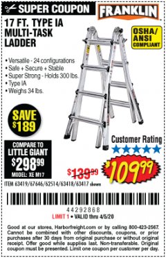 Harbor Freight Coupon FRANKLIN 17 FT. REACH, TYPE IA, 300 LB. MULTITASK LADDER Lot No. 63418 Expired: 6/30/20 - $109.99