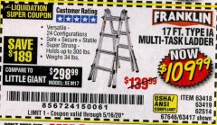 Harbor Freight Coupon FRANKLIN 17 FT. REACH, TYPE IA, 300 LB. MULTITASK LADDER Lot No. 63418 Expired: 6/30/20 - $109.99