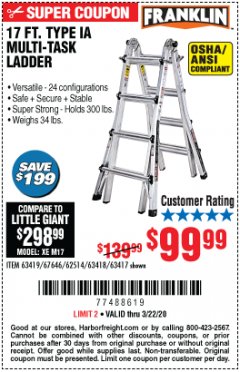 Harbor Freight Coupon FRANKLIN 17 FT. REACH, TYPE IA, 300 LB. MULTITASK LADDER Lot No. 63418 Expired: 3/22/20 - $99.99