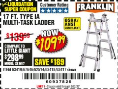 Harbor Freight Coupon FRANKLIN 17 FT. REACH, TYPE IA, 300 LB. MULTITASK LADDER Lot No. 63418 Expired: 6/30/20 - $109.99