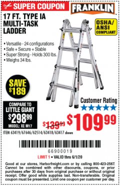Harbor Freight Coupon FRANKLIN 17 FT. REACH, TYPE IA, 300 LB. MULTITASK LADDER Lot No. 63418 Expired: 6/30/20 - $109.99
