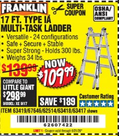 Harbor Freight Coupon FRANKLIN 17 FT. REACH, TYPE IA, 300 LB. MULTITASK LADDER Lot No. 63418 Expired: 6/21/20 - $109.99