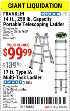 Harbor Freight Coupon FRANKLIN 17 FT. REACH, TYPE IA, 300 LB. MULTITASK LADDER Lot No. 63418 Expired: 9/30/20 - $99.99