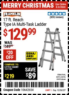 Harbor Freight Coupon FRANKLIN 17 FT. REACH, TYPE IA, 300 LB. MULTITASK LADDER Lot No. 63418 Expired: 12/26/22 - $129.99