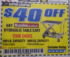 Harbor Freight Coupon 500 LB. CAPACITY HYDRAULIC TABLE CART Lot No. 60730/61405/94822 Expired: 2/29/20 - $139.99