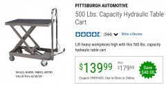 Harbor Freight Coupon 500 LB. CAPACITY HYDRAULIC TABLE CART Lot No. 60730/61405/94822 Expired: 6/30/20 - $139.99