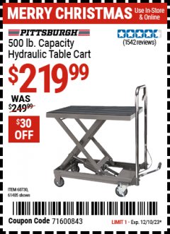 Harbor Freight Coupon 500 LB. CAPACITY HYDRAULIC TABLE CART Lot No. 60730/61405/94822 Expired: 12/10/23 - $219.99
