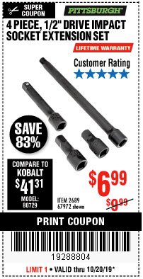 Harbor Freight Coupon 4 PIECE 1/2" DRIVE IMPACT EXTENSION SET Lot No. 67972 Expired: 11/30/19 - $6.99