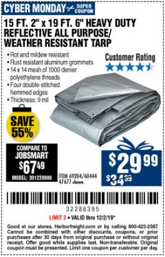 Harbor Freight Coupon 15 FT. 2" x 19 FT. 6" SILVER/HEAVY DUTY REFLECTIVE ALL PURPOSE/WEATHER RESISTANT TARP Lot No. 69204/60444/47677 Expired: 12/1/19 - $29.99