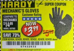 Harbor Freight Coupon MECHANIC'S GLOVES Lot No. 62434/62426/62433/62432/62429/64178/64179/62428 Expired: 10/30/18 - $3.99
