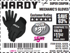 Harbor Freight Coupon MECHANIC'S GLOVES Lot No. 62434/62426/62433/62432/62429/64178/64179/62428 Expired: 12/1/18 - $3.99
