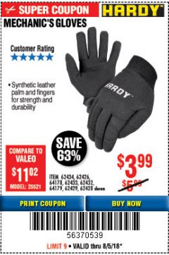 Harbor Freight Coupon MECHANIC'S GLOVES Lot No. 62434/62426/62433/62432/62429/64178/64179/62428 Expired: 8/5/18 - $3.99
