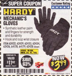 Harbor Freight Coupon MECHANIC'S GLOVES Lot No. 62434/62426/62433/62432/62429/64178/64179/62428 Expired: 11/30/18 - $3.99